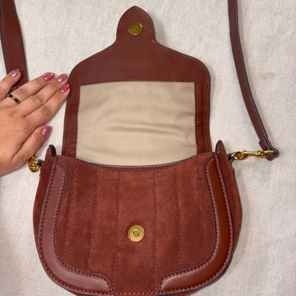 American Leather Co Mahogany Brown Suede Leather Quilted Crossbody Saddle Bag - Picture 4 of 11